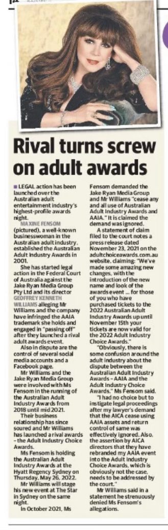 AAIA Herald Sun 23.1.22 'Rival turns screw on adult awards'