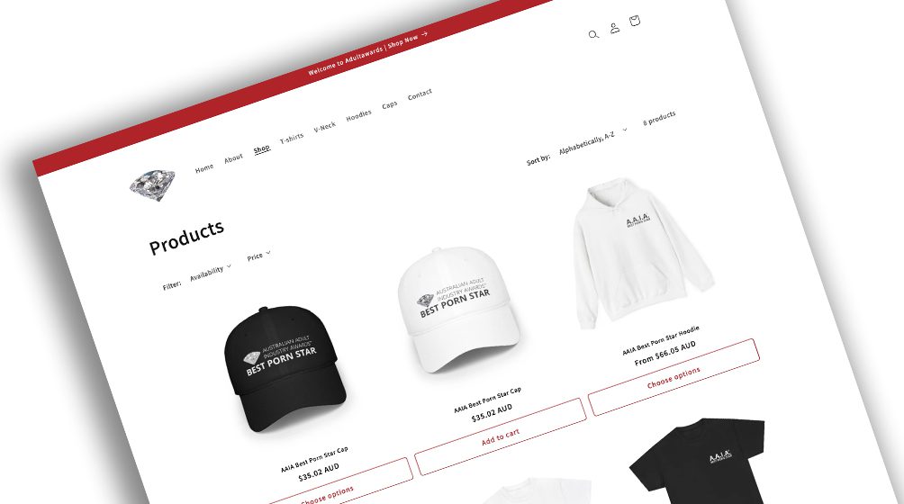 Adult Awards merchandise website screenshot